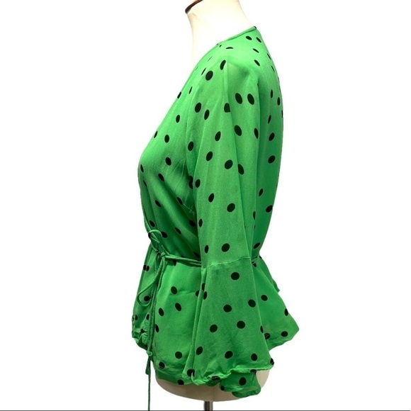 Ganni Dainty Georgette Green Polka Dot Bell Sleeve Wrap Top Women’s EU 36 - Picture 6 of 12